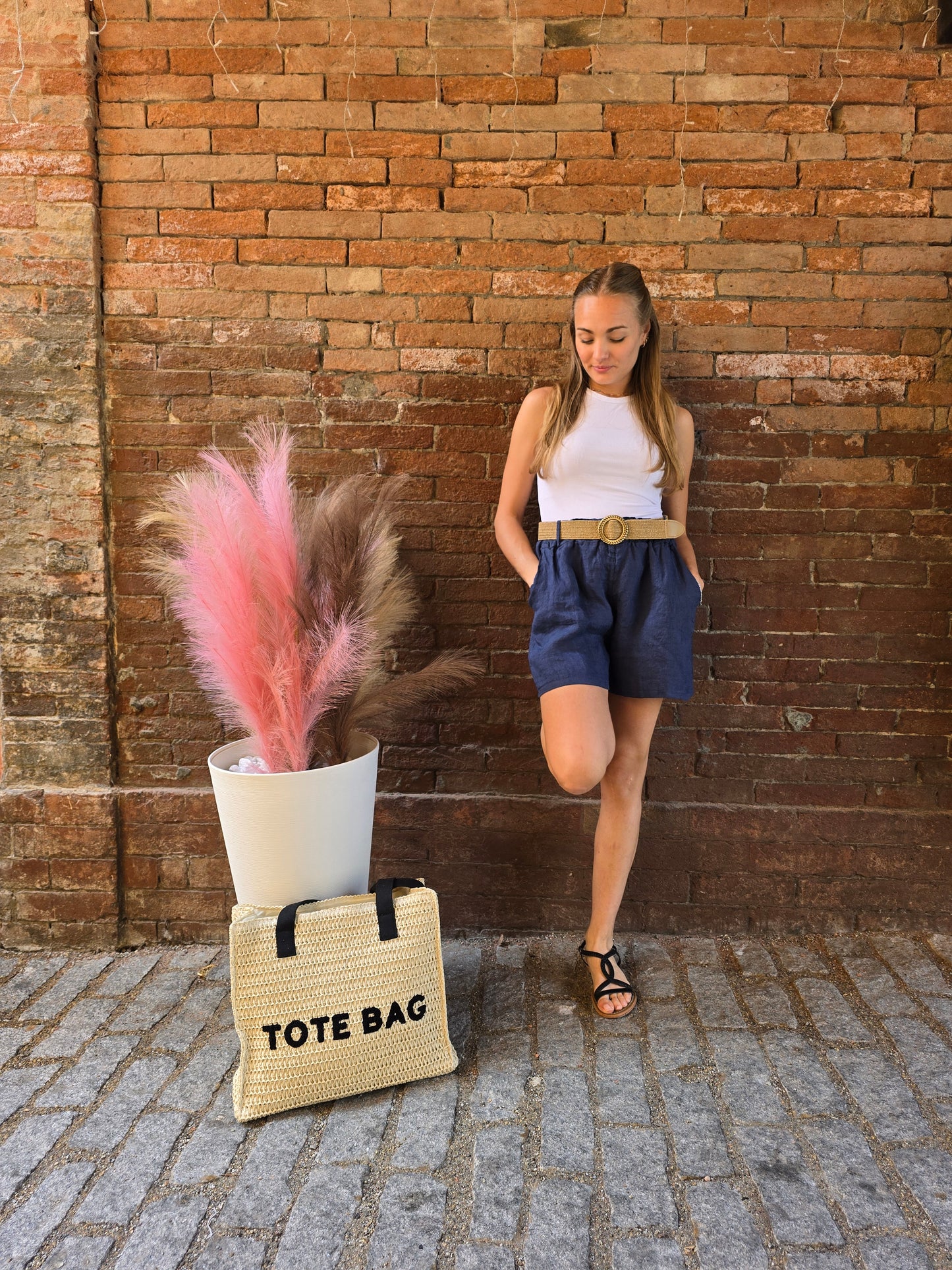 Shorts in lino con elastico in vita
