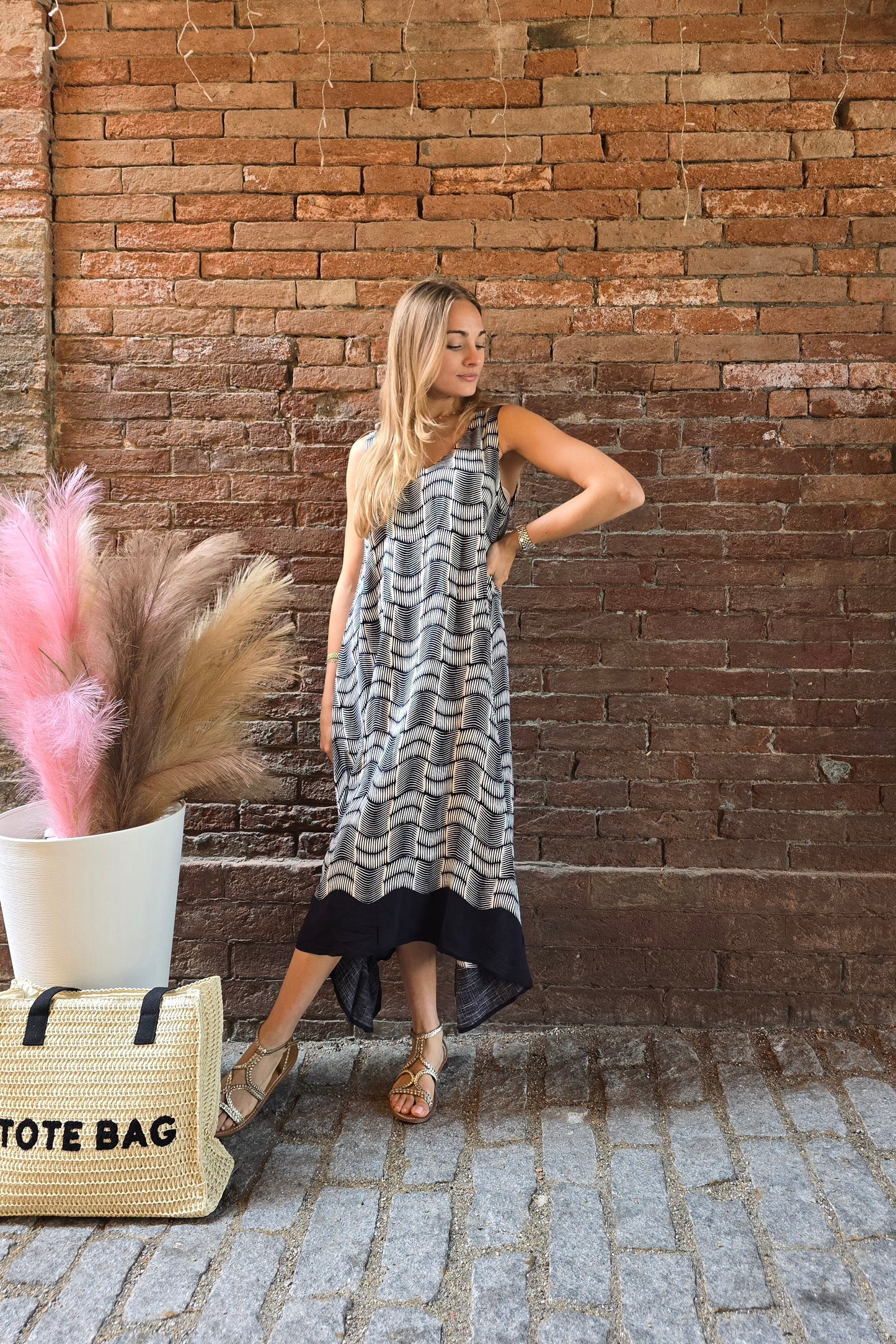 Abito lungo in Lino e viscosa spalla larga