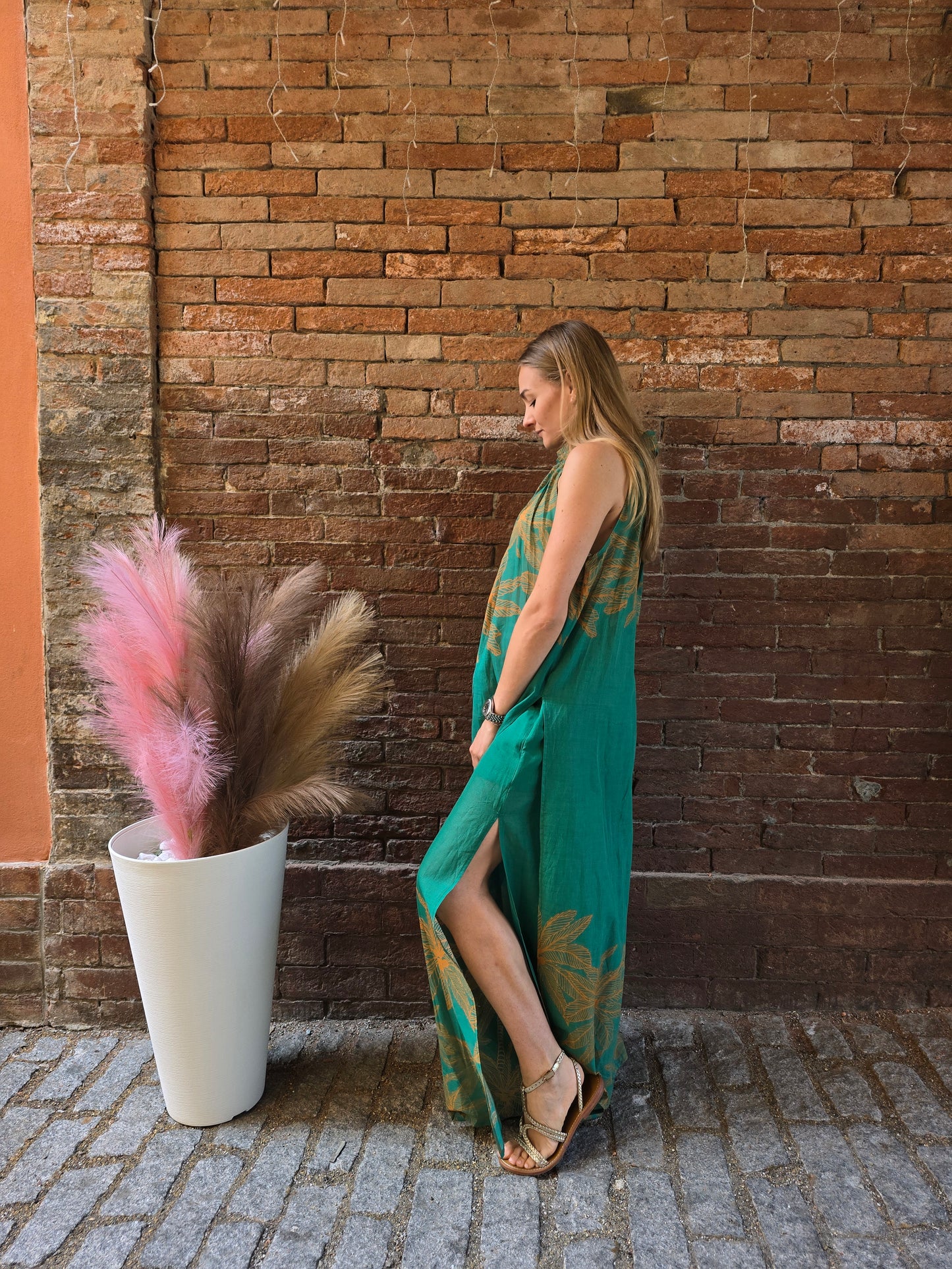 Pantalone lungo in cotone con spacchi