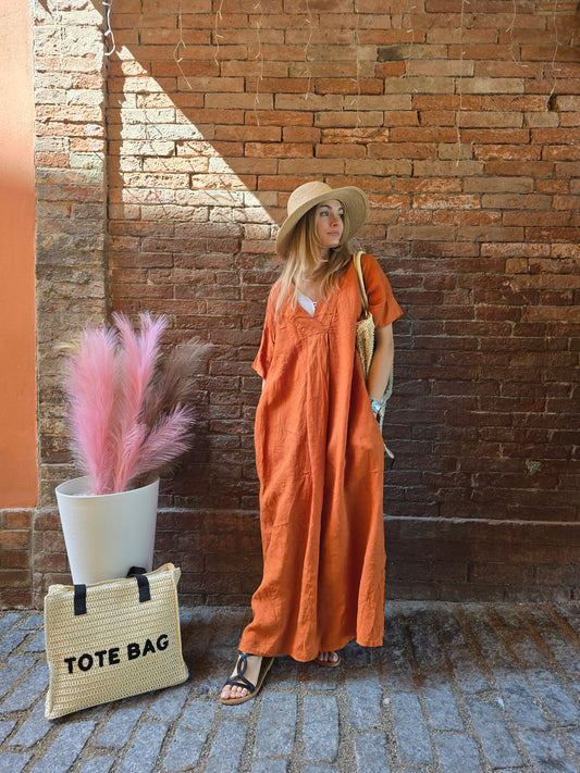 Abito lungo in 100% lino mezze maniche vestibilità Oversize