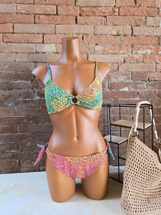 Bikini con ferretto e slip con laccetti animalier Made in Italy