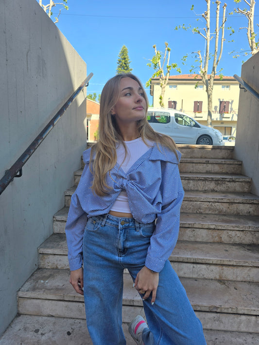 Top camicia a righe con brillantini