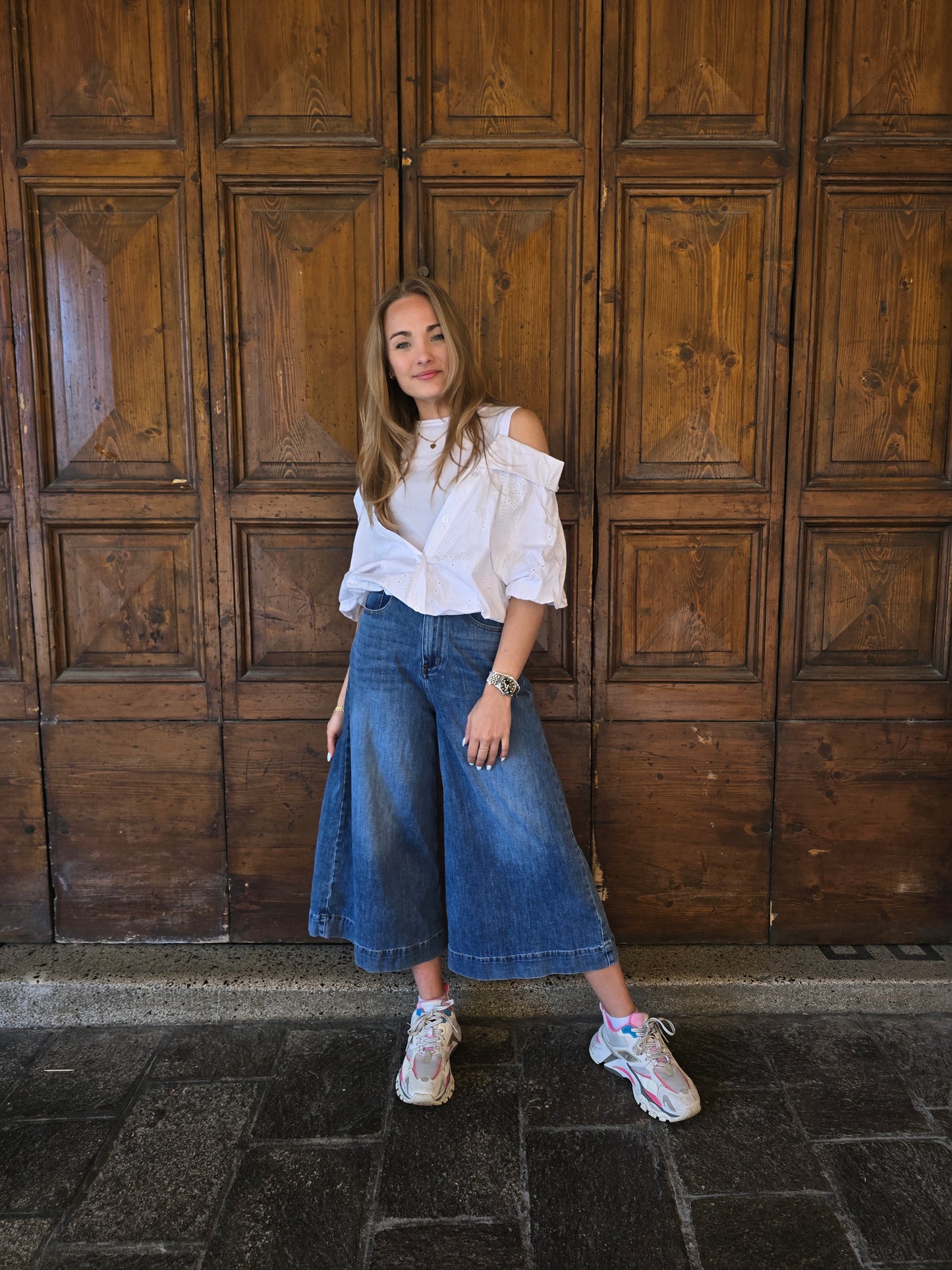 Jeans CROPPED gamba larga a vita alta