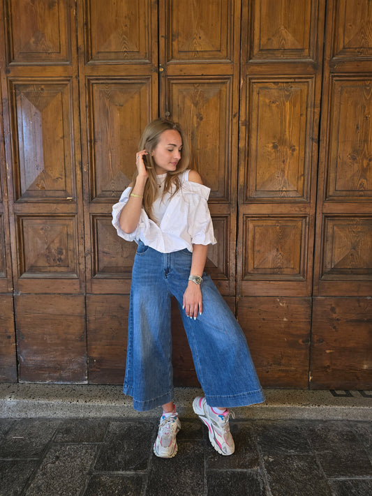 Jeans CROPPED gamba larga a vita alta