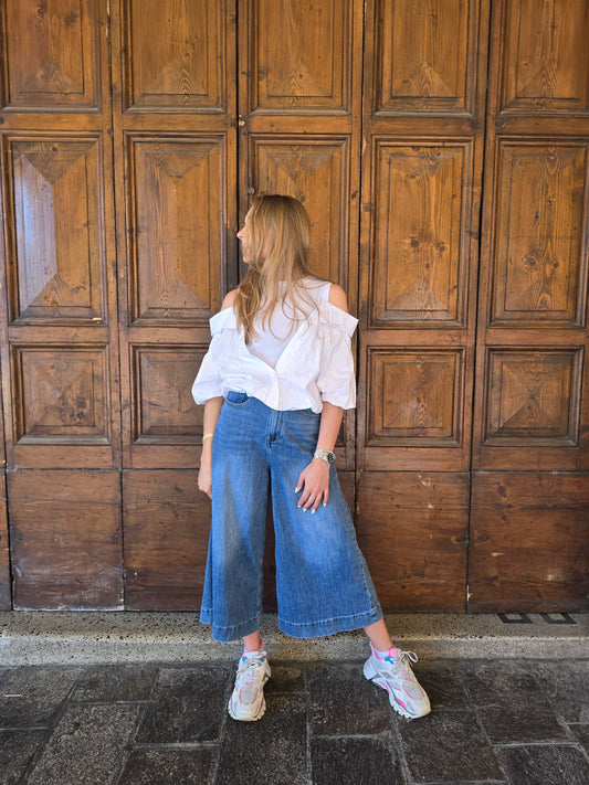 Jeans CROPPED gamba larga a vita alta