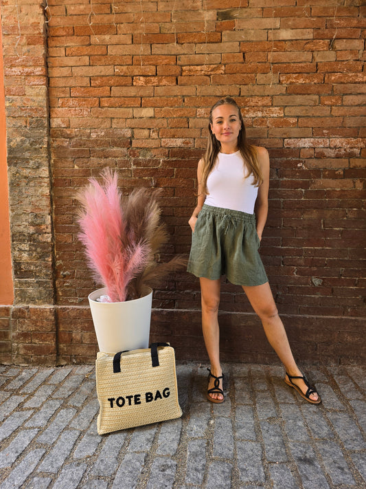 Shorts in lino con elastico in vita