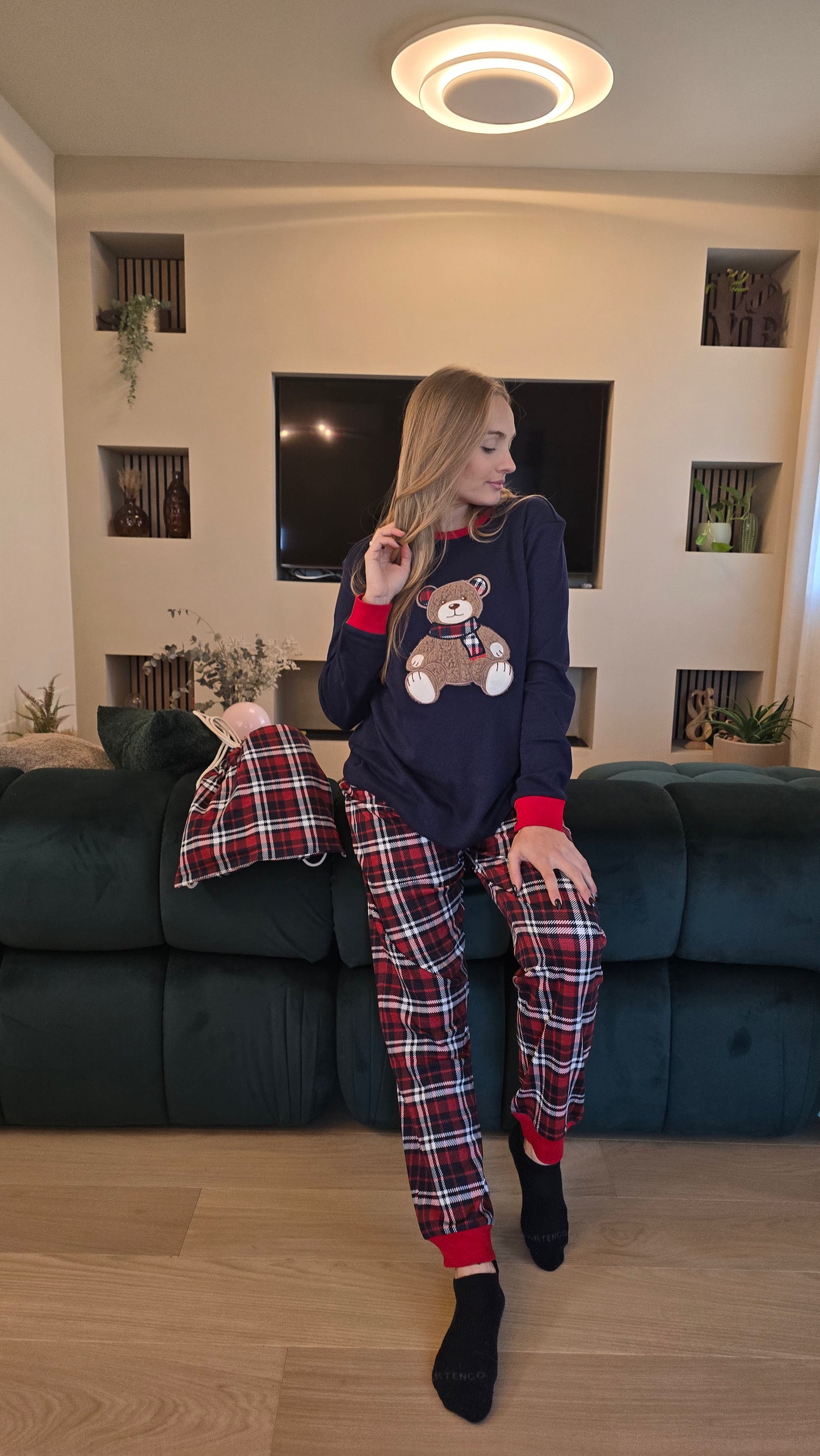 Pigiama Mary Plaid con orsetto e pantaloni scozzese