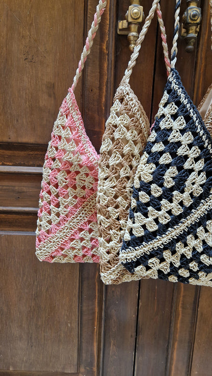 Borsa in paglia a spalla bicolore