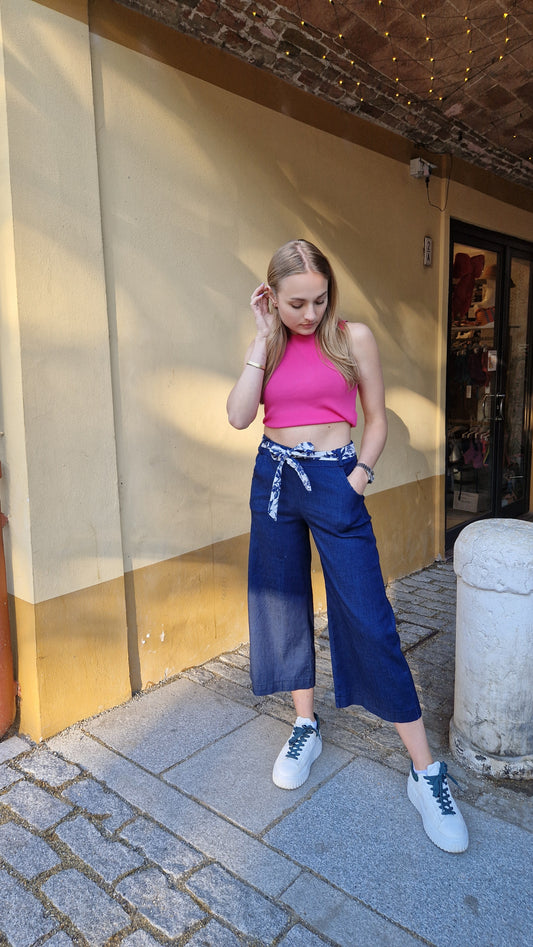 Pantalone in viscosa colr jeans con elastico in vita