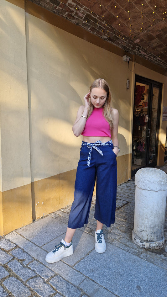 Pantalone in viscosa colr jeans con elastico in vita