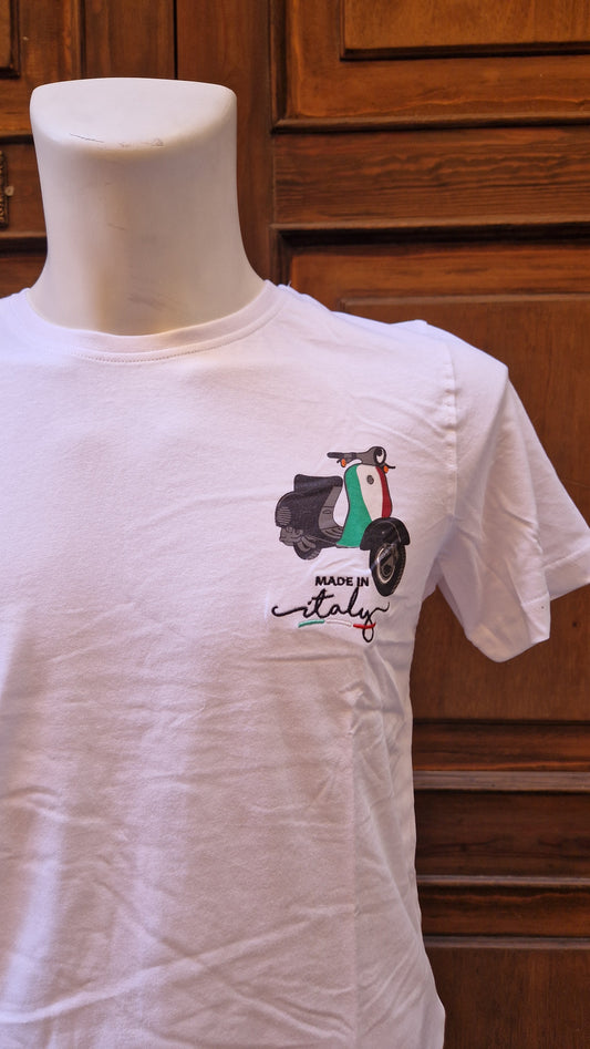 T-shirt Uomo bianca con stampa Vespa e ricamo made in Italy