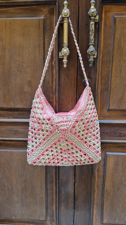 Borsa in paglia a spalla bicolore