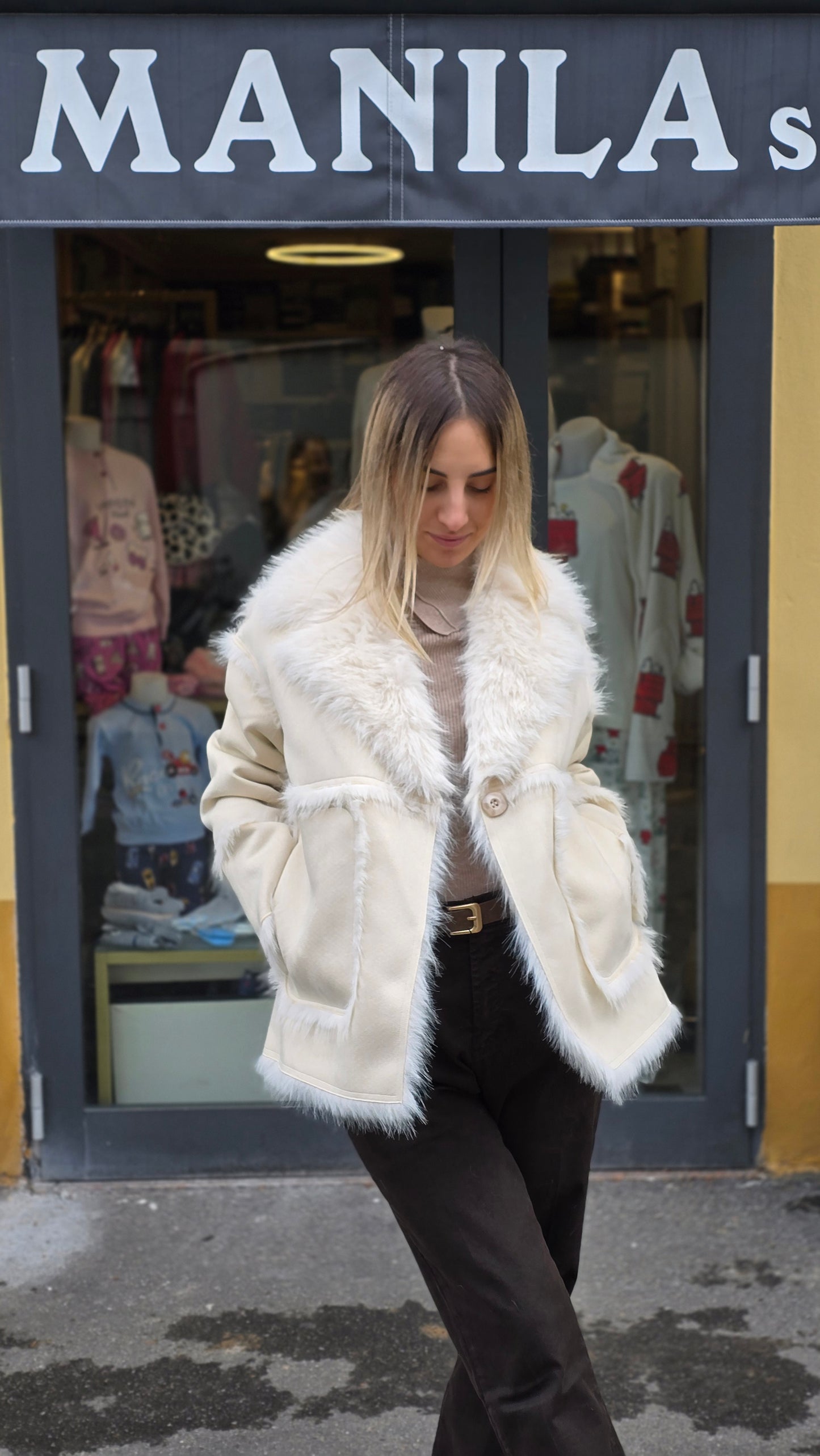 cappotto double-face ecopelliccia e scamosciato